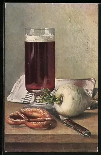 Künstler-AK Theo Stroefer Nr. 410: Bierglas, Rettich und Brezel