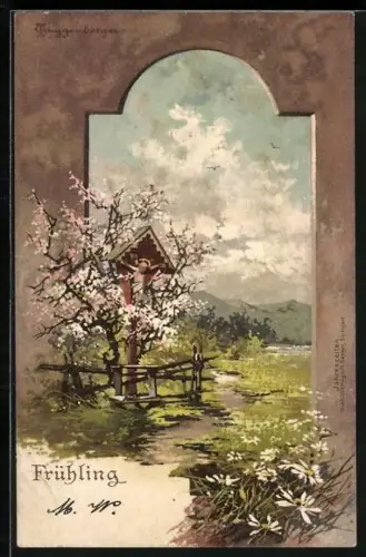 Künstler-AK T.Guggenberger: Allegorie Frühling, Bildstock unter blühenden Zweigen