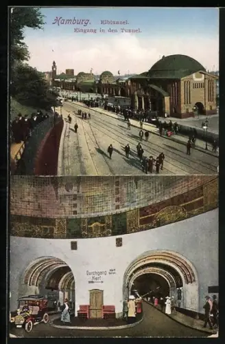 AK Hamburg-St. Pauli, Elbtunnel, Eingang in den Tunnel, Blick in die beiden Tunnel