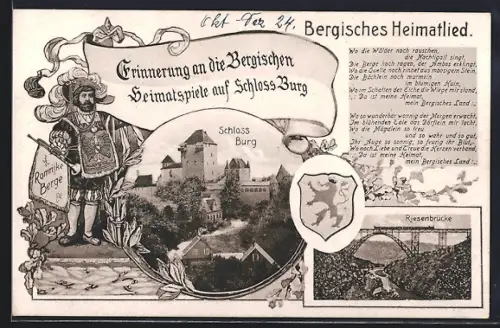 Künstler-AK Burg / Wupper, Heimatspiele auf Schloss Burg, Bergisches Heimatlied