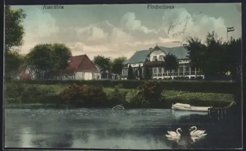 AK Aumühle / Sachsenwald, Fischerhaus, Teich mit Schwänen