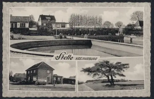 AK Stelle /Harburg, Drogerie-Lebensmittel Helmut Weise, Schwimmbad, Kurze Heide
