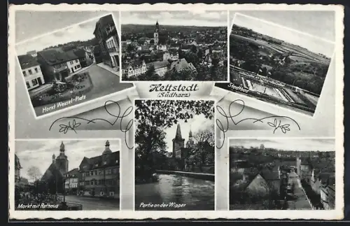 AK Hettstedt /Südharz, Platz, Markt mit Rathaus, Partie an der Wipper