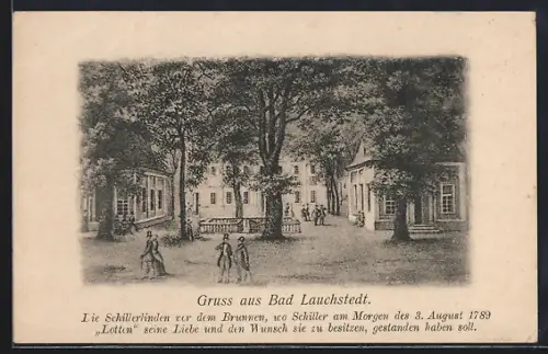 Künstler-AK Bad Lauchstedt, Schillerlinden vor dem Brunnen