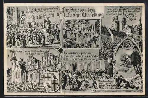 Künstler-AK Merseburg, Die Sage vom Raben, Dom, Rabenkeller, Bischof Thilo von Trotha