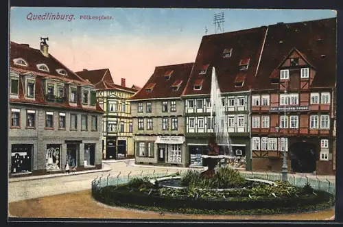 AK Quedlinburg, Pölkenplatz mit Brunnen