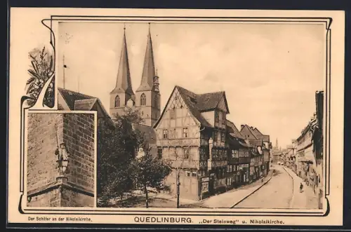 AK Quedlinburg, Steinweg und Nikolaikirche, Schäferfigur an der Nikolaikirche