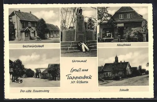 AK Tappenbeck /Gifhorn, Gasthaus Niedersachsenkrug von Günther Plumhoff, Ehrenmal, Schule, Kaufhaus