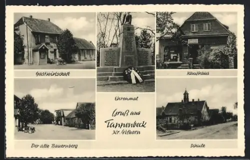 AK Tappenbeck /Gifhorn, Gasthaus Niedersachsenkrug von Günther Plumhoff, Ehrenmal, Schule, Kaufhaus