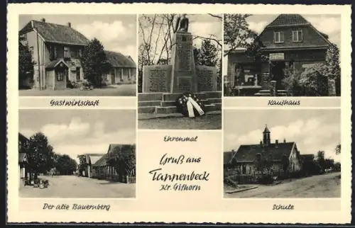 AK Tappenbeck /Gifhorn, Gasthaus Niedersachsenkrug von Günther Plumhoff, Schule, Kaufhaus, Ehrenmal