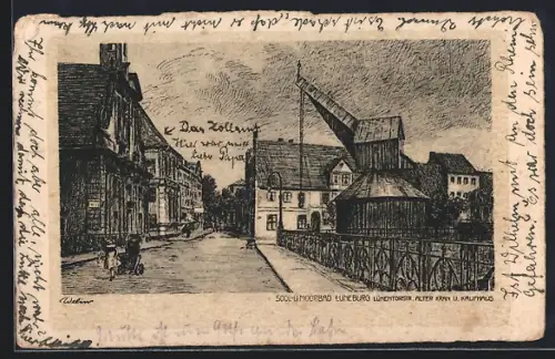 Künstler-AK Lüneburg, Alter Kran und Kaufhaus