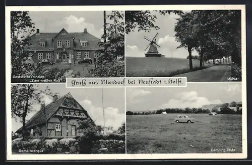 AK Bliesdorf bei Neustadt, Gaststätte-Pension Zum weissen Ross von Walter Frahm, Mühle, Gemeindehaus, Camping-Platz