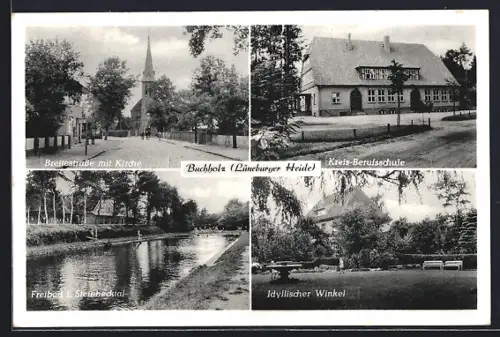 AK Buchholz /Lüneburger Heide, Breitestrasse mit Kirche, Kreis-Berufsschule, Freibad Steinbecktal