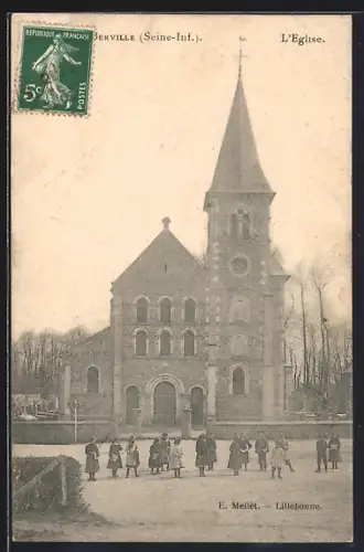 AK Berville /Seine-Inf., L`Église avec enfants devant l`entrée