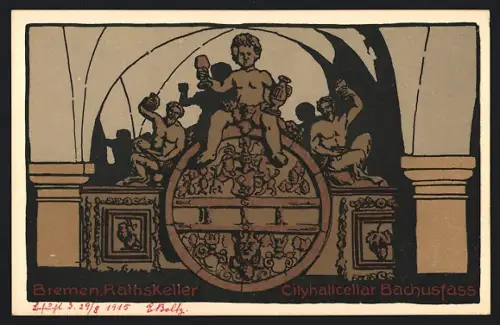 Steindruck-AK Bremen, Ratskeller Cityhallcellar Bachusfass