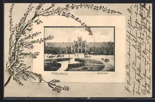AK Oldenburg / O., Alter Bahnhof, Blütenzweig, Passepartout