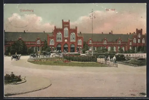 AK Oldenburg / O., Alter Bahnhof mit Pferdewägen