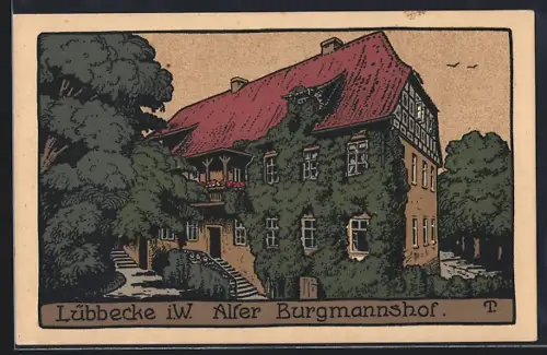 Steindruck-AK Lübbecke i. W., Alter Burgmannshof