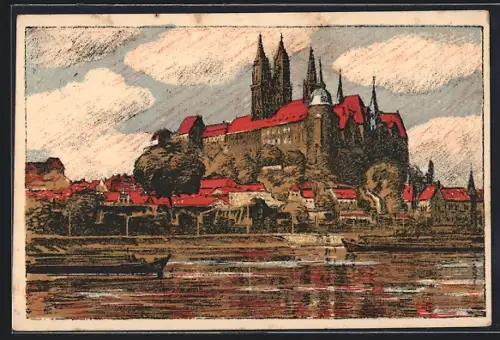 Künstler-AK Meissen, Schloss mit Booten, Kunstmaler Artur Barth