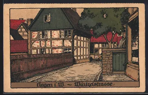 Steindruck-AK Hagen i. W., Winkelstrasse mit Fachwerkhäusern