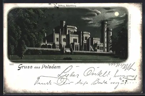 Lithographie Potsdam, Schloss Babelsberg bei Vollmond
