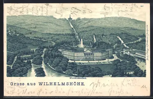 Lithographie Wilhelmshöhe, Gebäude auf der Wilhelmshöhe mit Umgebung aus der Vogelschau