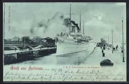 Mondschein-AK Holtenau, Dampfer S. M. S. Hohenzollern in der Schleuse