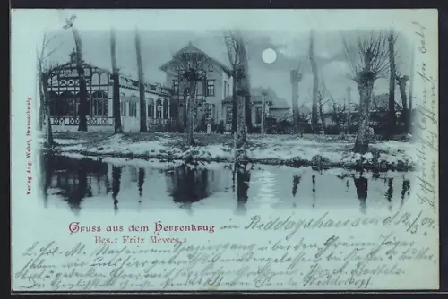 Mondschein-AK Riddagshausen, Gasthaus Herrenkrug von Fritz Mewes