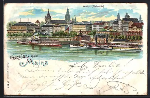 Lithographie Mainz, Dampfer auf dem Rhein, Blick zur Stadt
