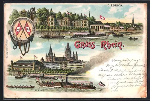 Lithographie Biebrich / Rhein, Ortsansicht mit Hotel Krone, Teilansicht von Mainz