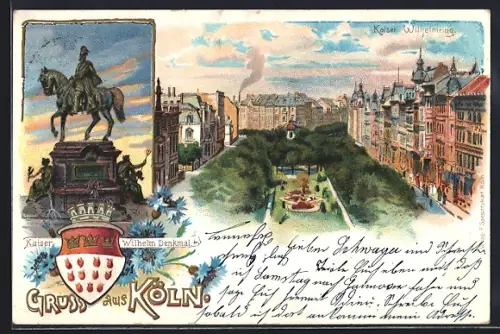 Lithographie Köln-Neustadt, Wilhelmring, Kaiser Wilhelm Denkmal