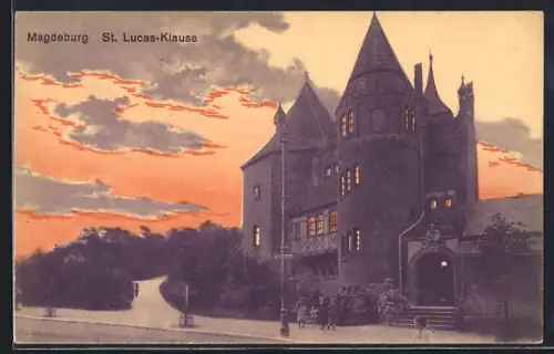 AK Magdeburg, Gasthaus St. Lucas-Klause mit dramatischem Licht