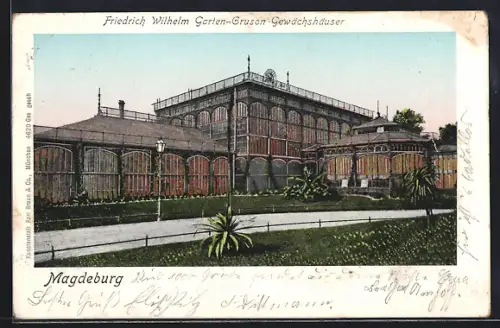 Goldfenster-AK Magdeburg, Friedrich-Wilhelm-Garten-Gruson Gewächshäuser mit leuchtenden Fenstern