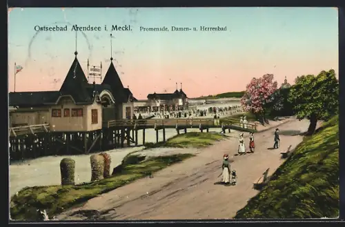 Goldfenster-AK Arendsee i. Meckl., Ostseebad, Promenade, Damen- und Herrenbad mit leuchtenden Fenstern
