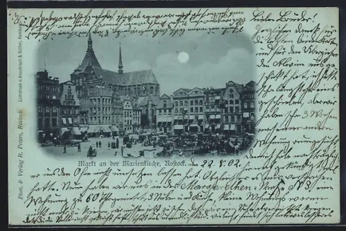 Mondschein-AK Rostock, Markt an der Marienkirche