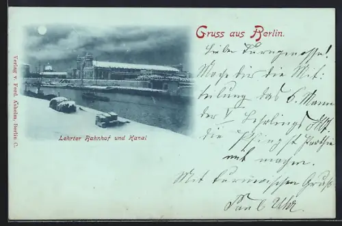 Mondschein-AK Berlin-Tiergarten, Lehrter Bahnhof und Kanal