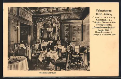 AK Berlin-Charlottenburg, Weinrestaurant Türke-Glüsing, Kantstr. 2a, Restaurant Zum schwarzen Ferkel, Dorotheenstr. 31