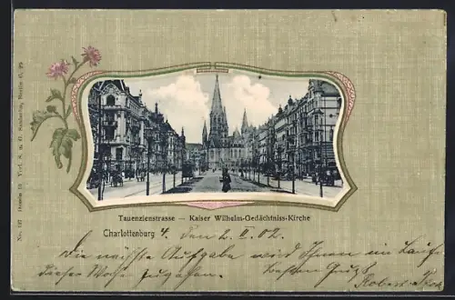 Lithographie Berlin-Charlottenburg, Tauentzienstrasse mit Kaiser Wilhelm-Gedächtnis-Kirche, Nelken, Passepartout