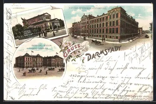 Lithographie Darmstadt, Grossh. Technische Hochschule, Physikal.-Elektr. u. Chemie-Gebäude & Theater