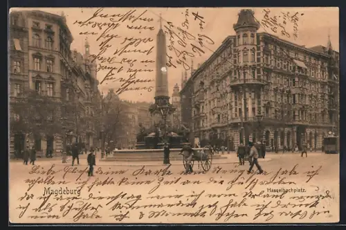 AK Magdeburg, Hasselbachplatz mit Brunnen und Strassenbahn