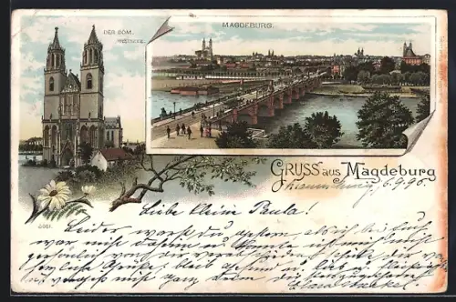 Lithographie Magdeburg, Dom von der Westseite, Stadtansicht mit Elbbrücke