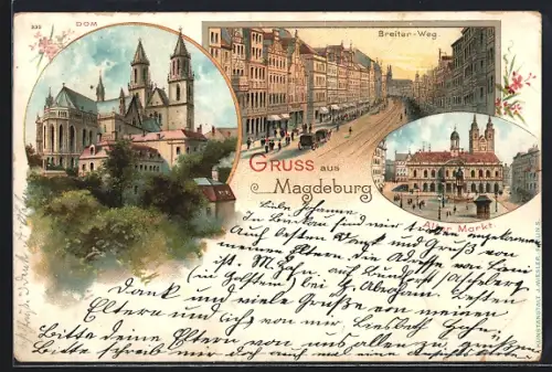 Lithographie Magdeburg, Breiter Weg, Alter Markt und Dom