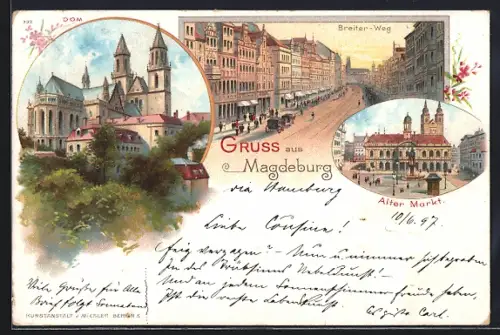 Lithographie Magdeburg, Breiter Weg, Alter Markt und Dom