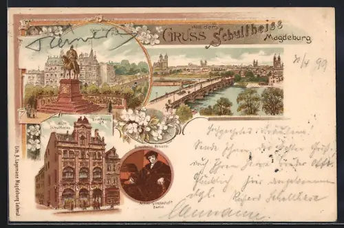 Lithographie Magdeburg, Zum Schultheiss, Kaiser Wilhelmsplatz, Brückenansicht