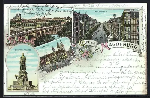 Lithographie Magdeburg, Kaiserstrasse, Alter Markt, Krieger-Denkmal