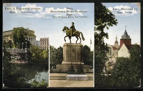 AK Riga, Stadttheater, Das Denkmal Peter des Grossen, Sandstrasse