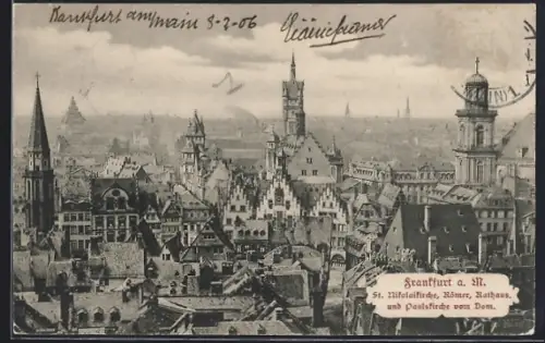 AK Alt-Frankfurt, St. Nikolaikirche, Römer, Rathaus, Paulskirche vom Dom