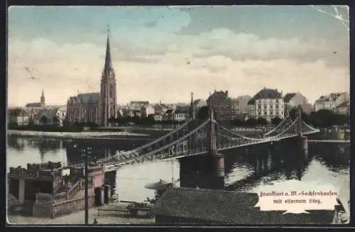 AK Frankfurt a. M., Blick nach Sachsenhausen, Eiserner Steg, Kirche, Mainufer