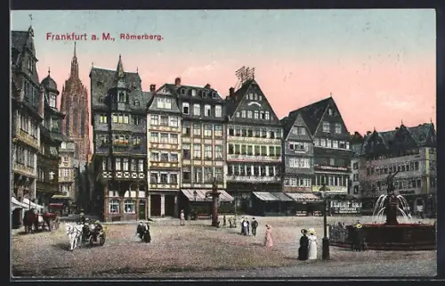 AK Alt-Frankfurt, Römerberg, Fachwerkhäuser, Brunnen, Dom im Hintergrund