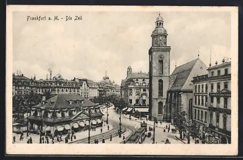 AK Frankfurt a. M., Die Zeil, Hauptwache, Katharinenkirche, Strassenbahn